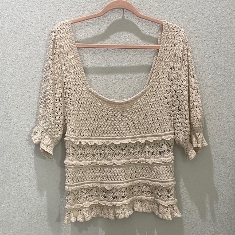 Boho Hippie Style Cream Knit Crochet Top EUC Size XL